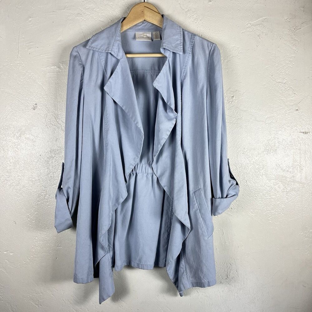 Chico’s Jacket Size 0 Blue 100% Lyocell Waterfall Drape Roll Up Sleeves - Picture 8 of 13